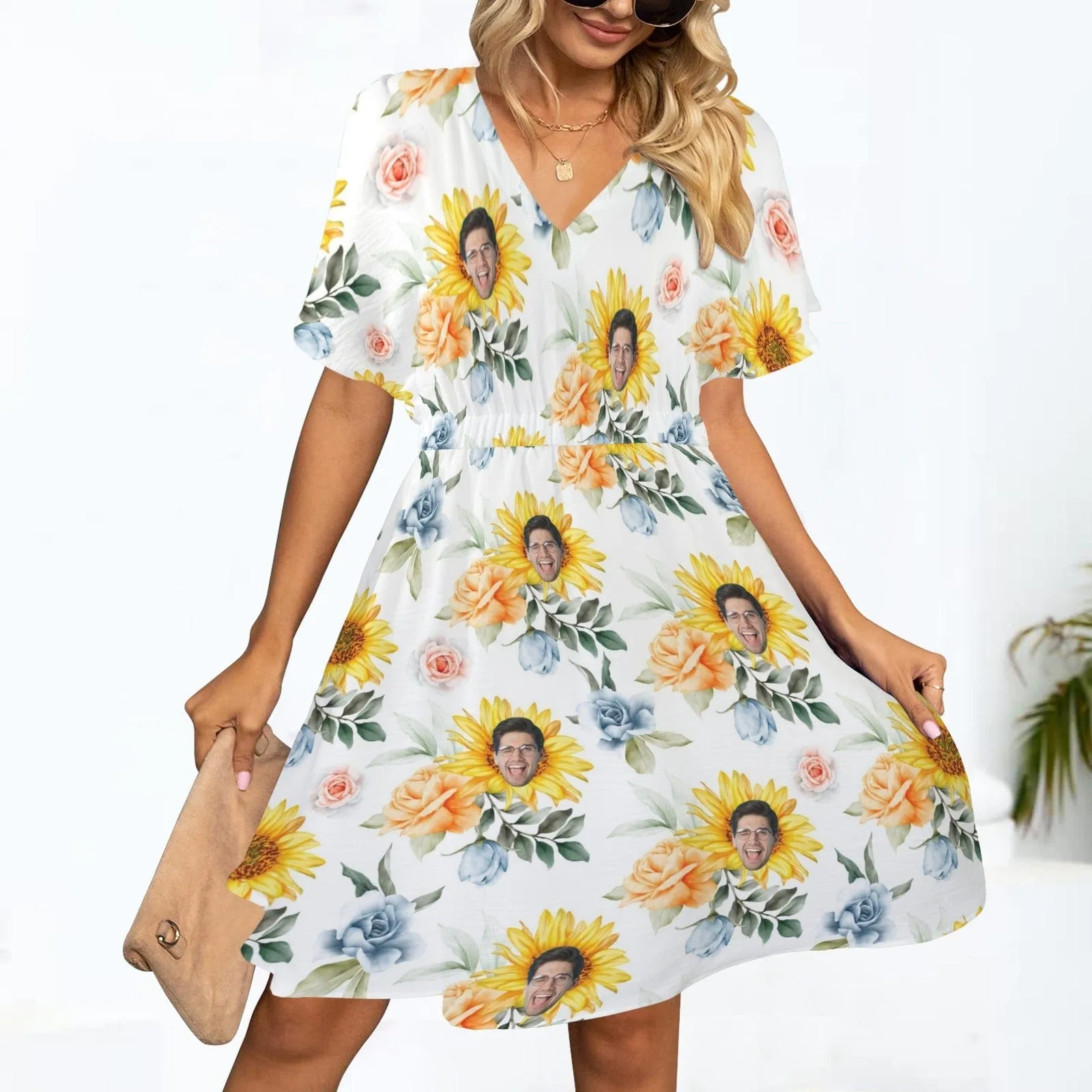 Custom Face Sunflower V-Neck Women's Elastic Waist Casual Dress