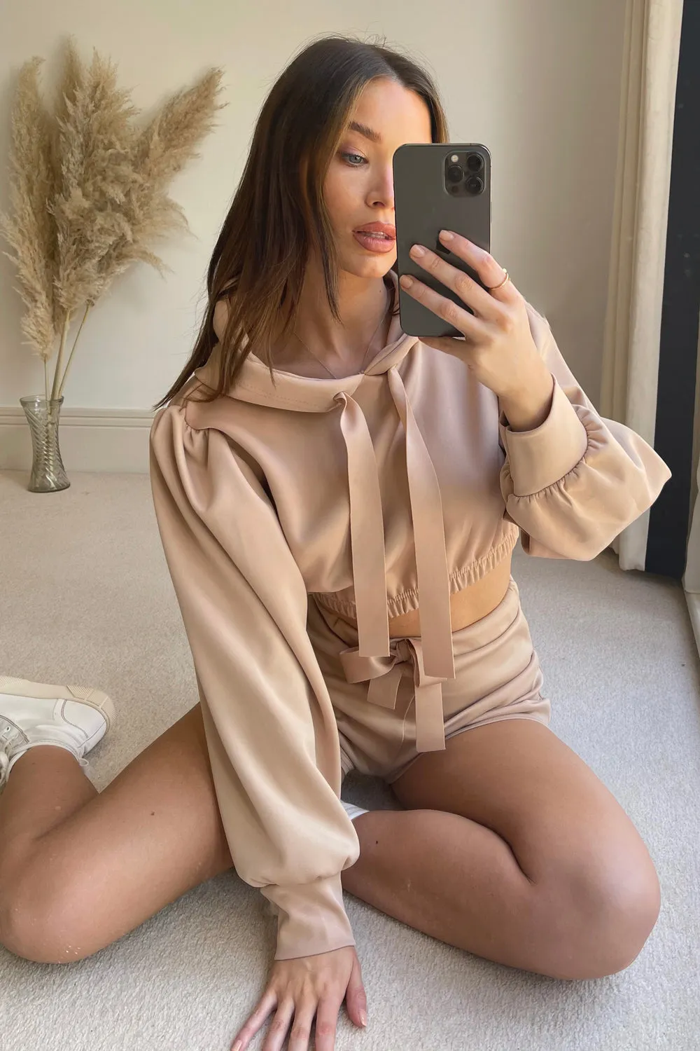 Danna Beige Puff Sleeve Cropped Hoodie and Shorts Lounge Co-Ord Set