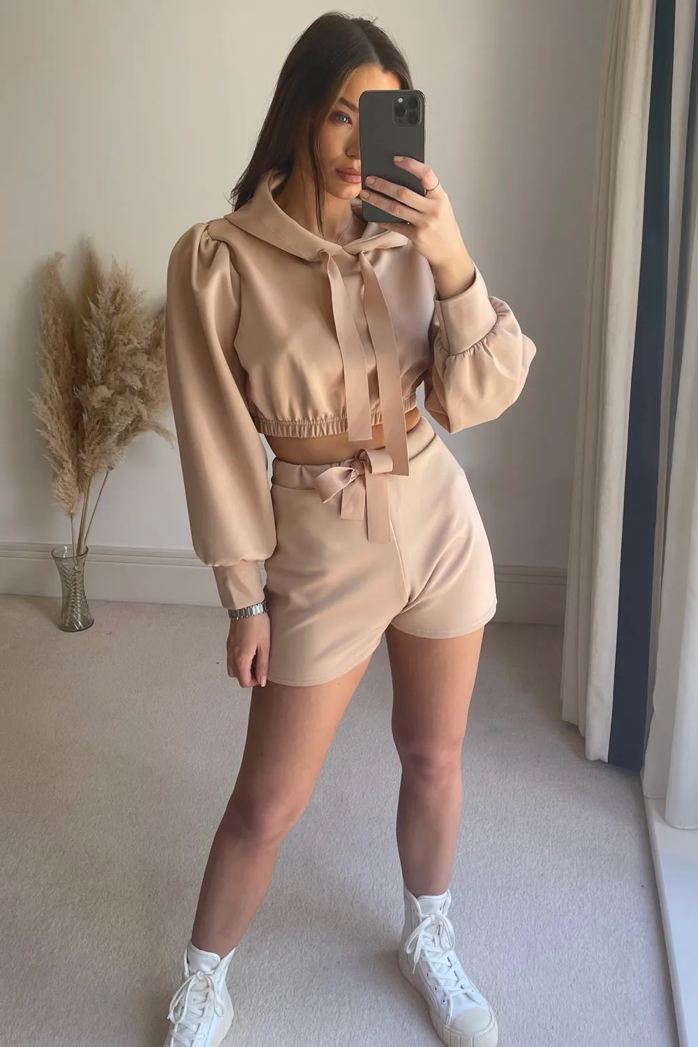 Danna Beige Puff Sleeve Cropped Hoodie and Shorts Lounge Co-Ord Set