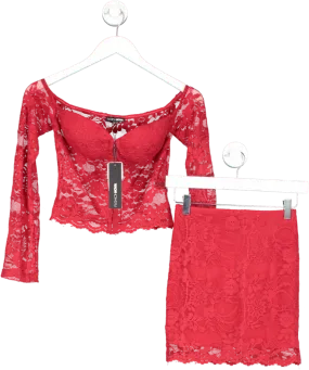 Fashion Nova Red Sweet Fantasy Lace Skirt Set UK XS