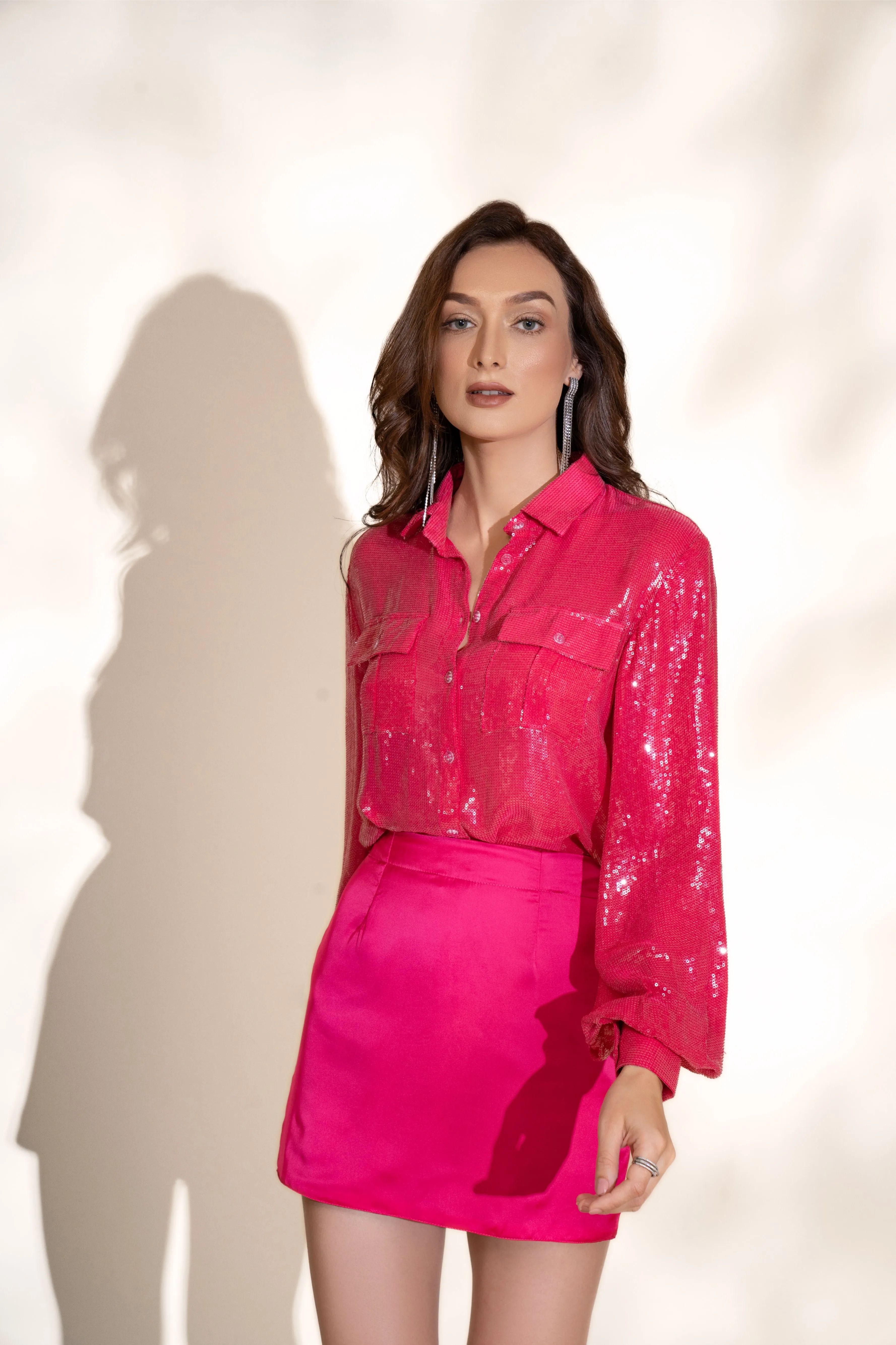 Fuchsia sequins shirt and Fuchsia Satin skirt Co-ord Set