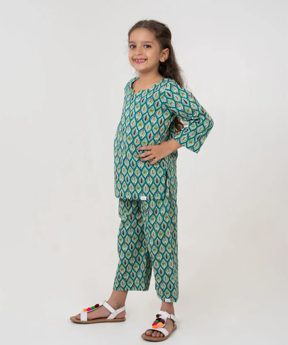 Green handblock print cotton top and bottom set