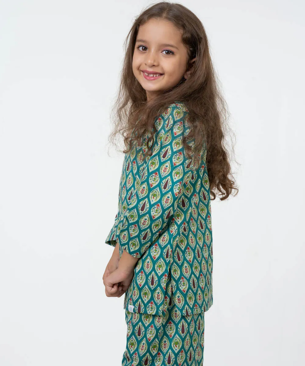 Green handblock print cotton top and bottom set