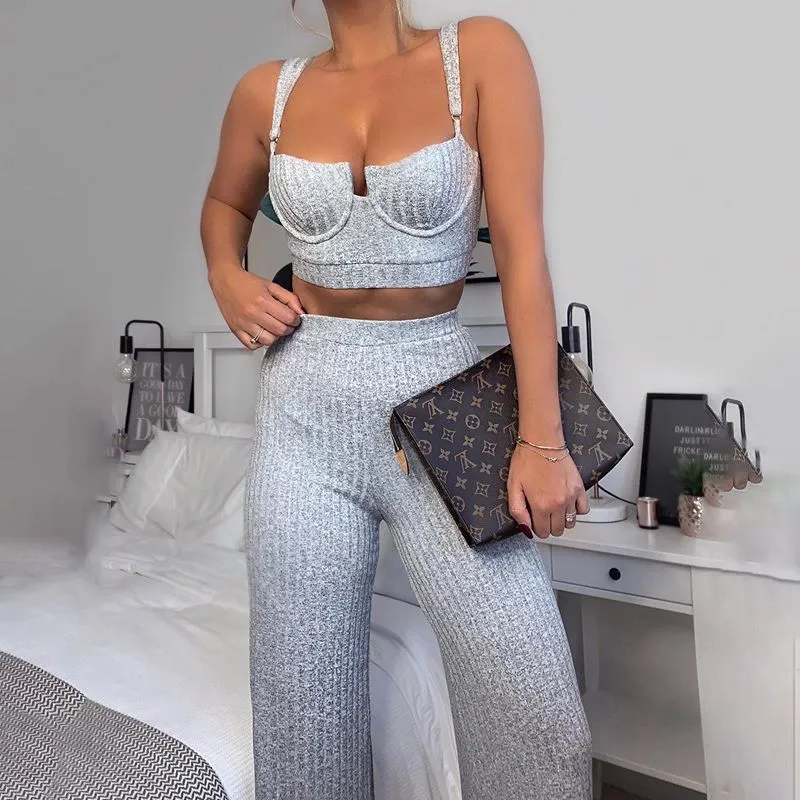 Knitted Two Piece Co ord Set Crop Top and Jogger Pant Outfit