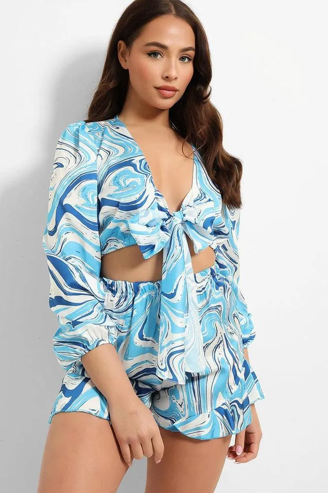 Marble Swirl Cropped Tie Up Shirt And Shorts Set