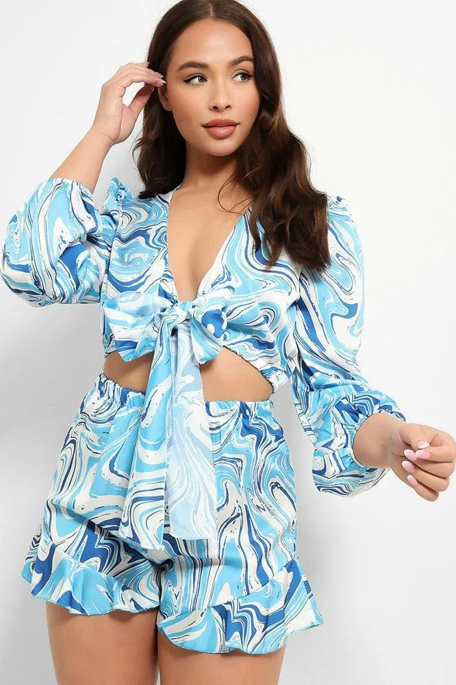 Marble Swirl Cropped Tie Up Shirt And Shorts Set