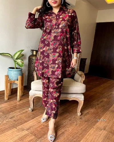 Maroon Muslin Silk Foil Printed 2Pc Co-Ord set