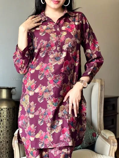 Maroon Muslin Silk Foil Printed 2Pc Co-Ord set