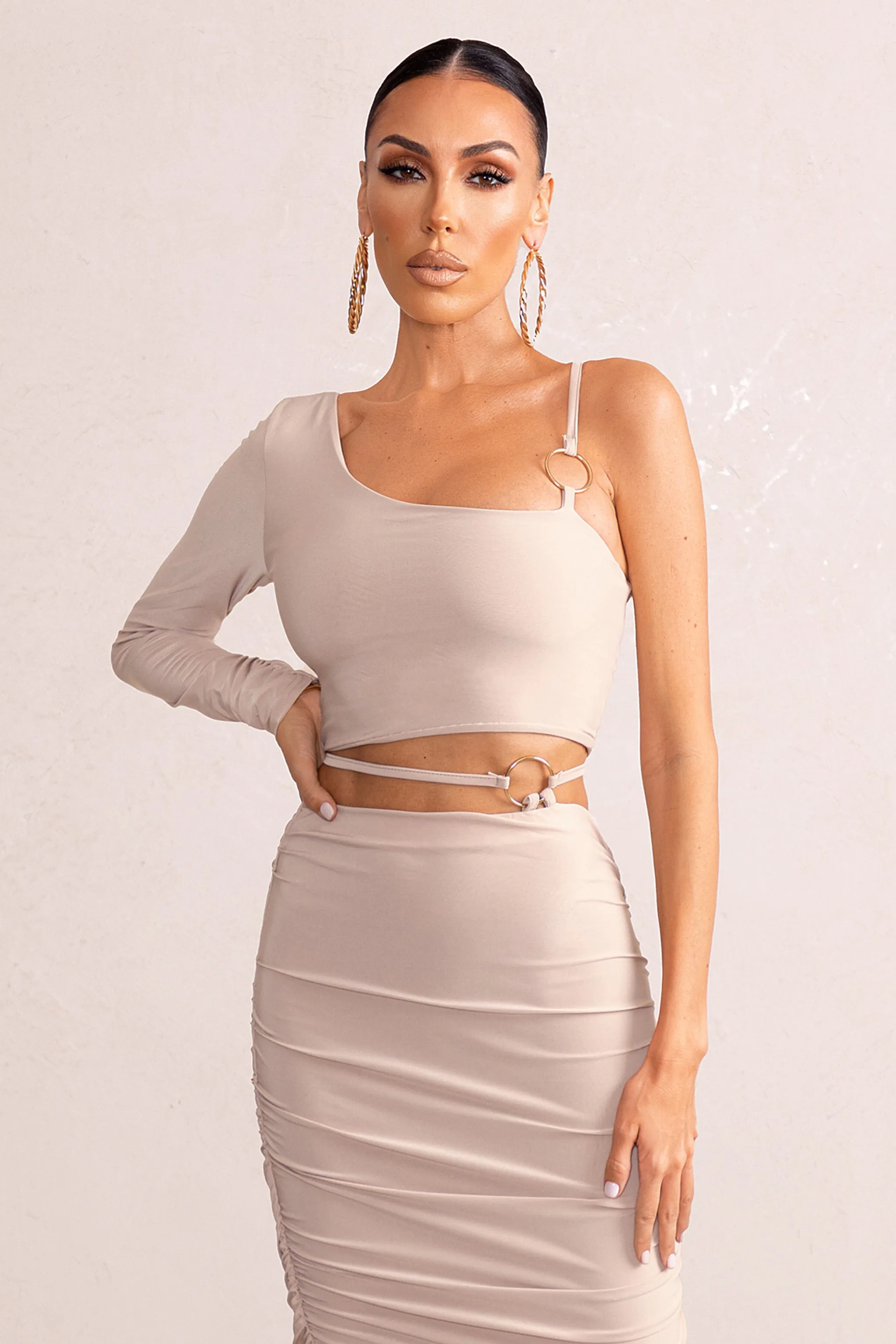 Nice | Blush Pink Asymmetric Neck Crop Top With O Ring Detail