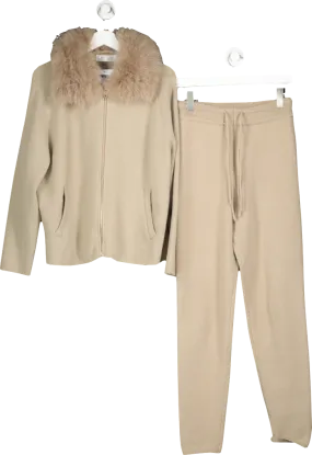 Orlinn Beige Knitted Trouser And Zip Jacket With Faux Fur Collar Co-ord UK S/M