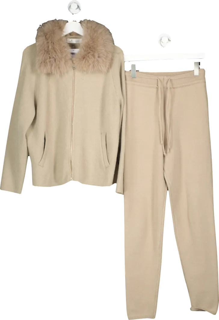 Orlinn Beige Knitted Trouser And Zip Jacket With Faux Fur Collar Co-ord UK S/M