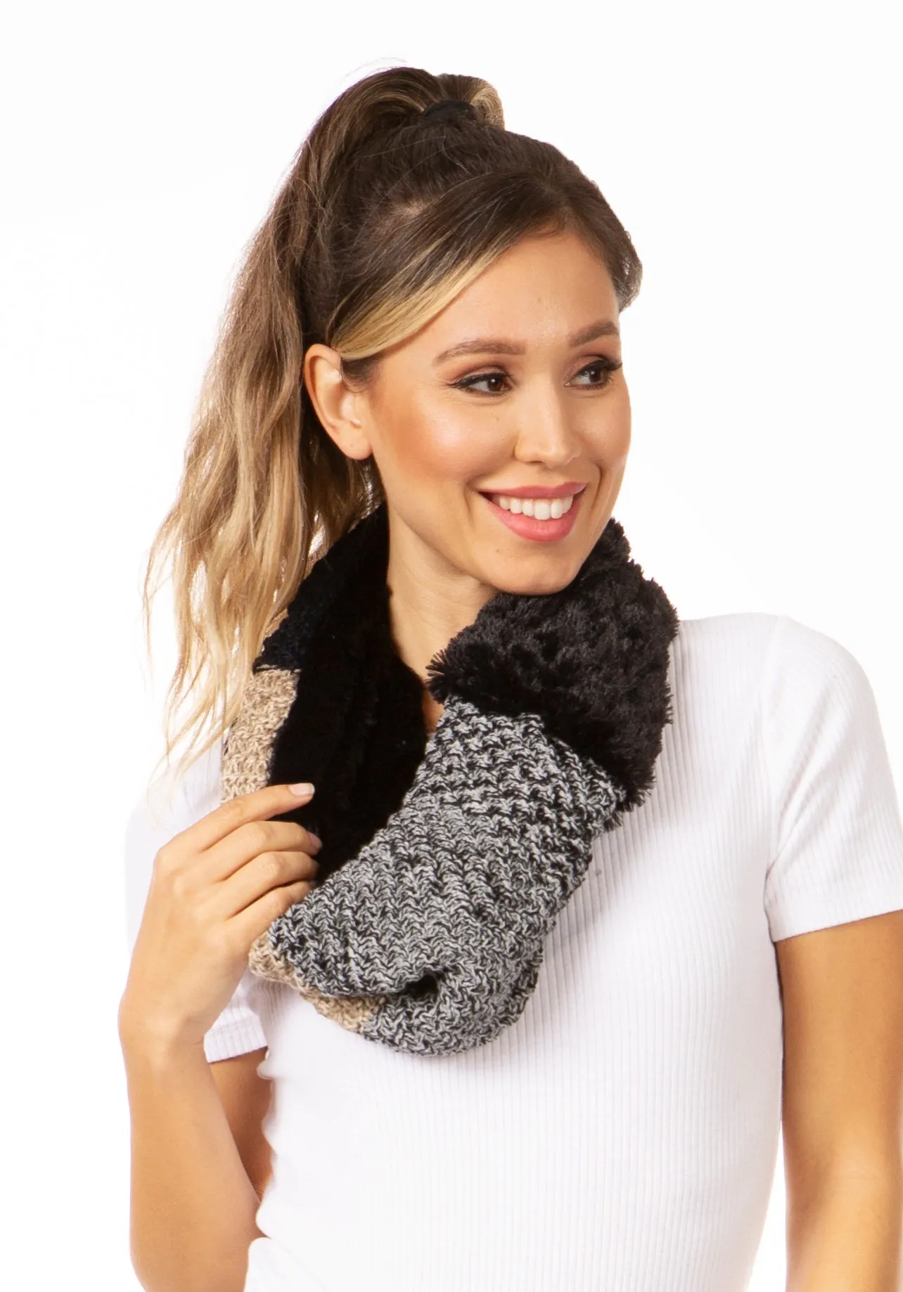 Sakkas Julie Short Wrap Around Two Sided Faux Fur And Ribbed Knit Infinity Scarf