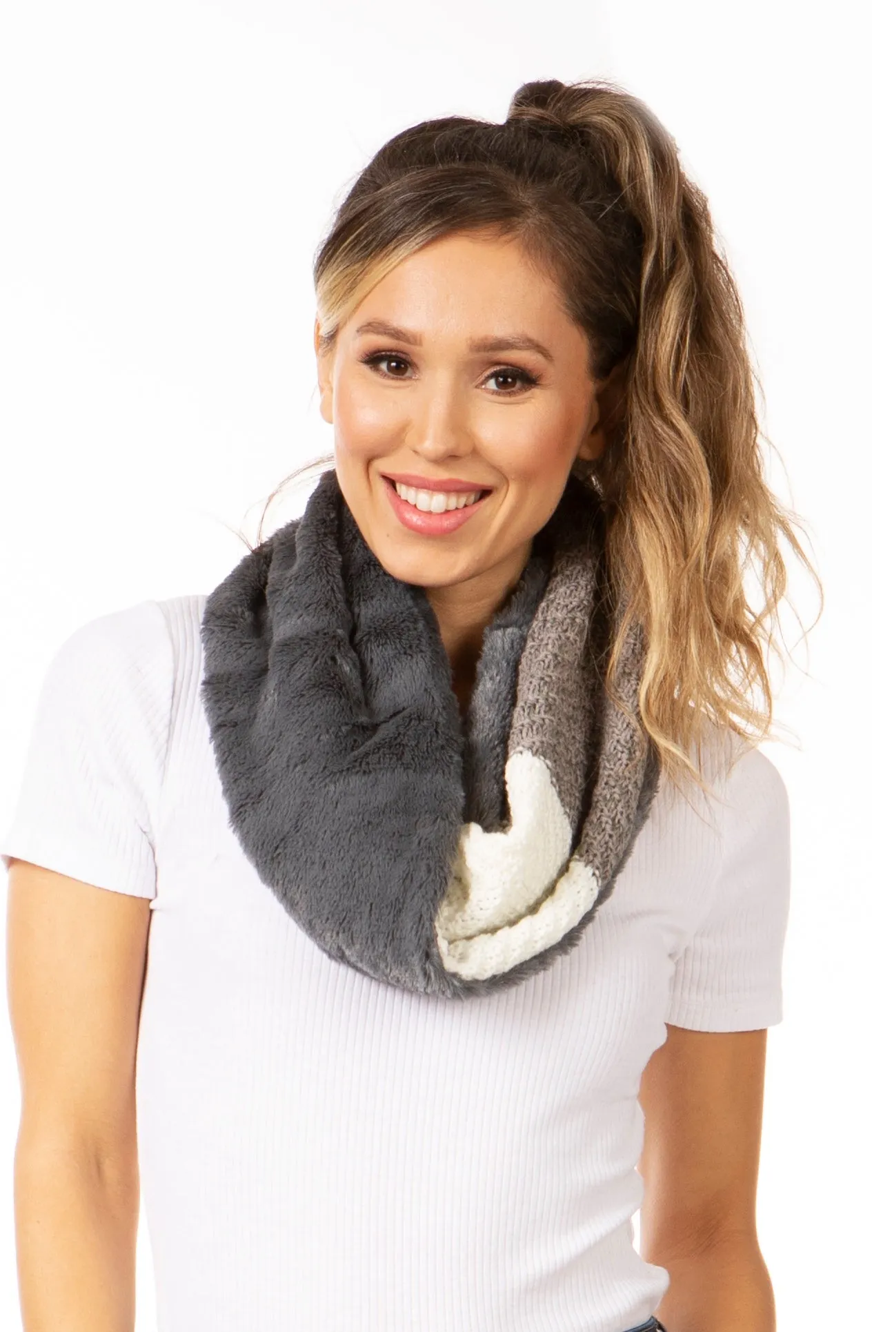 Sakkas Julie Short Wrap Around Two Sided Faux Fur And Ribbed Knit Infinity Scarf