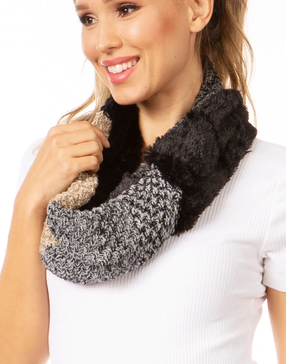 Sakkas Julie Short Wrap Around Two Sided Faux Fur And Ribbed Knit Infinity Scarf