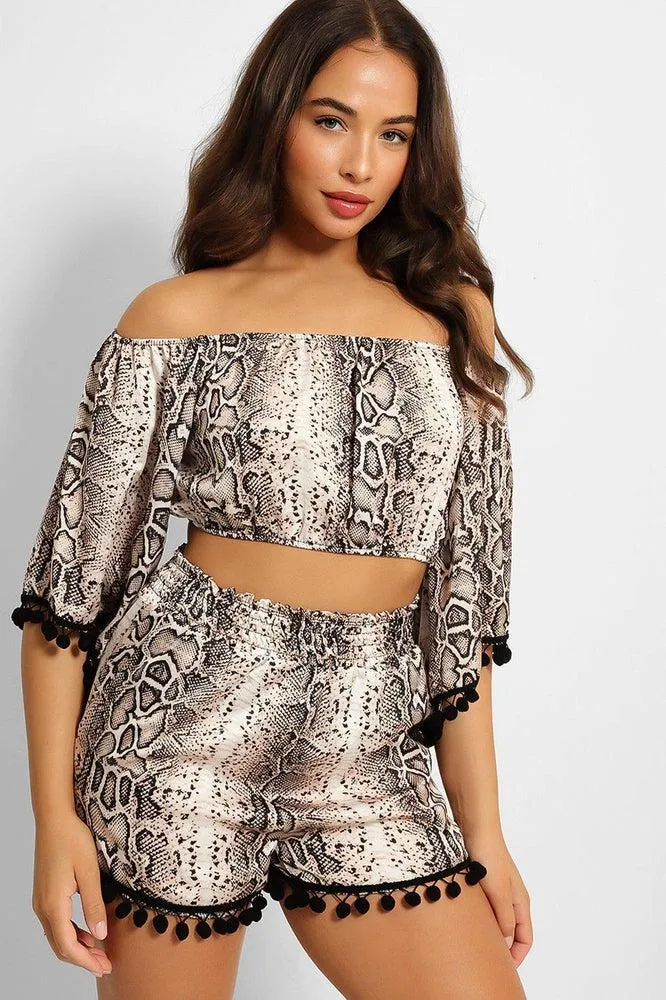 Snake Print Pom Pom Trim Crop Top And Shorts Set