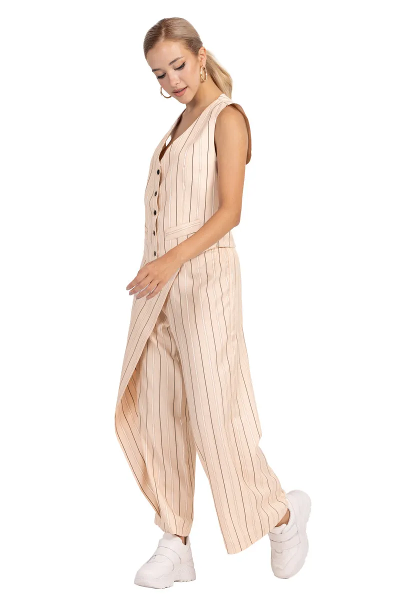 Striped Beige Wrap Women's Tailored Trousers