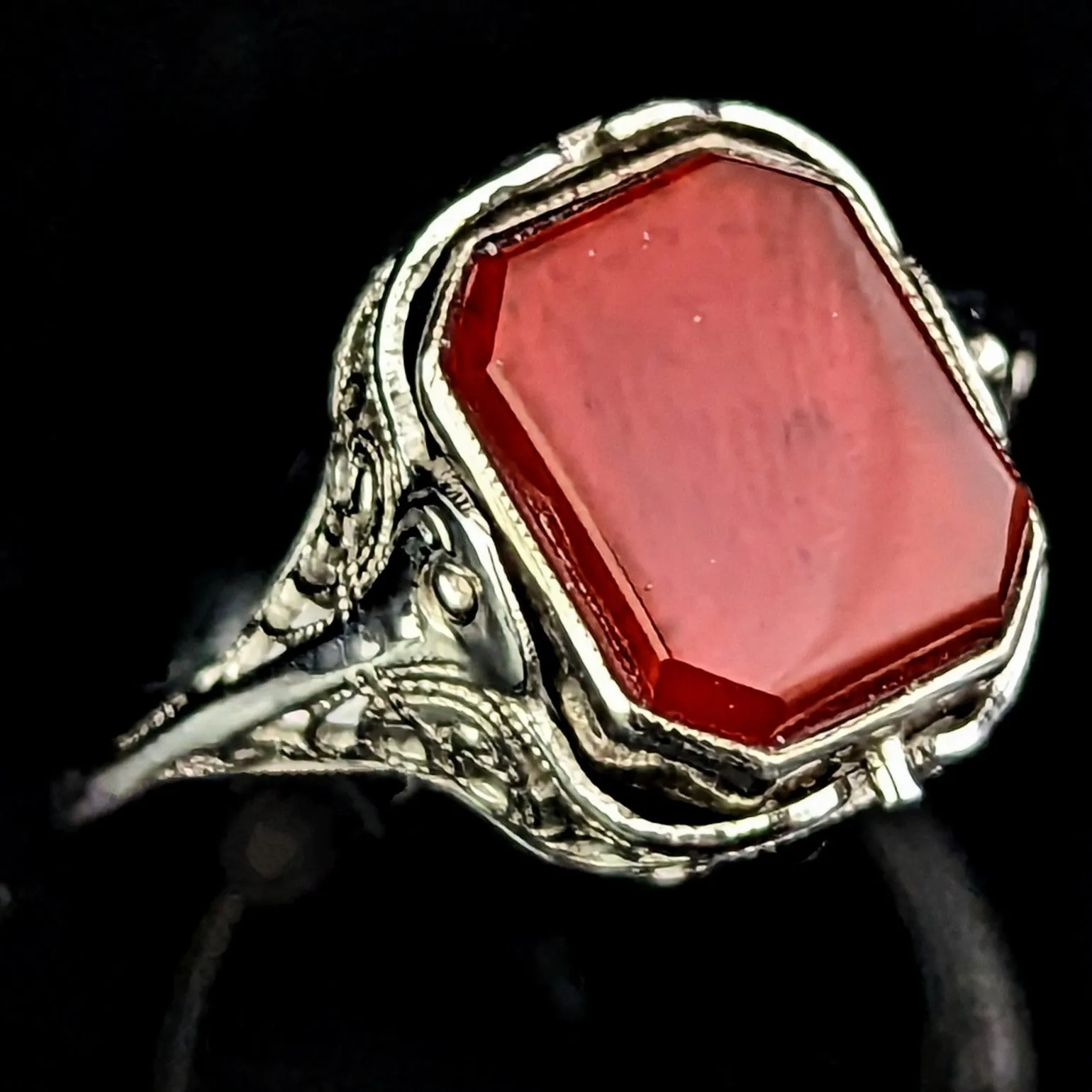 The Geneva - Art Deco Flip Ring Chalcedony Carnelian 14k Gold Filigree c.1920s