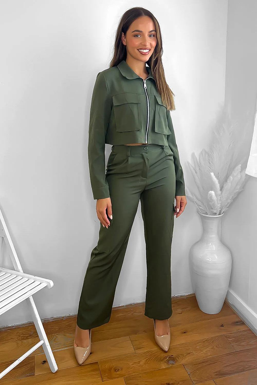 Utility Pocket Straight Leg Trousers Zip Up Top Co-Ord Set