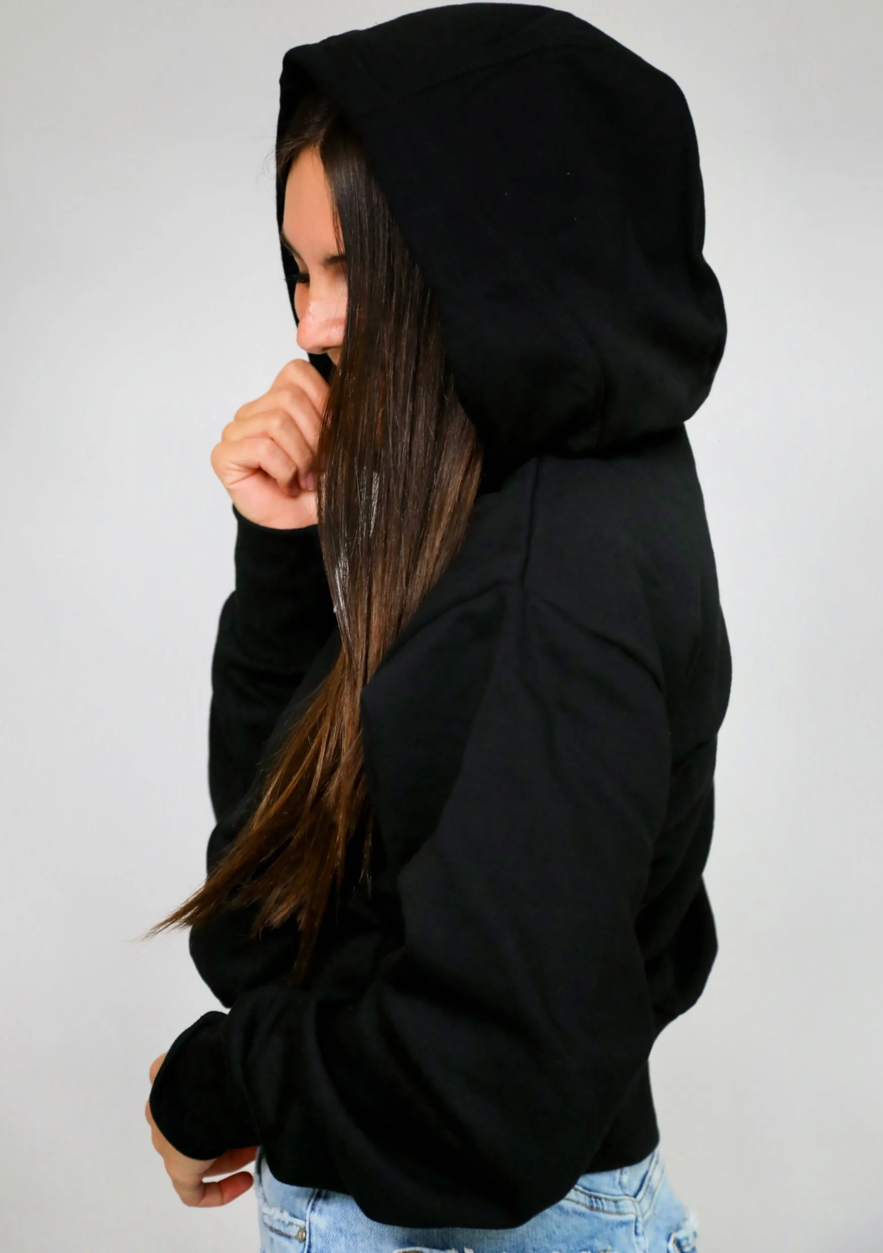 VINTAGE CROP ZIP UP HOODIE (Black)