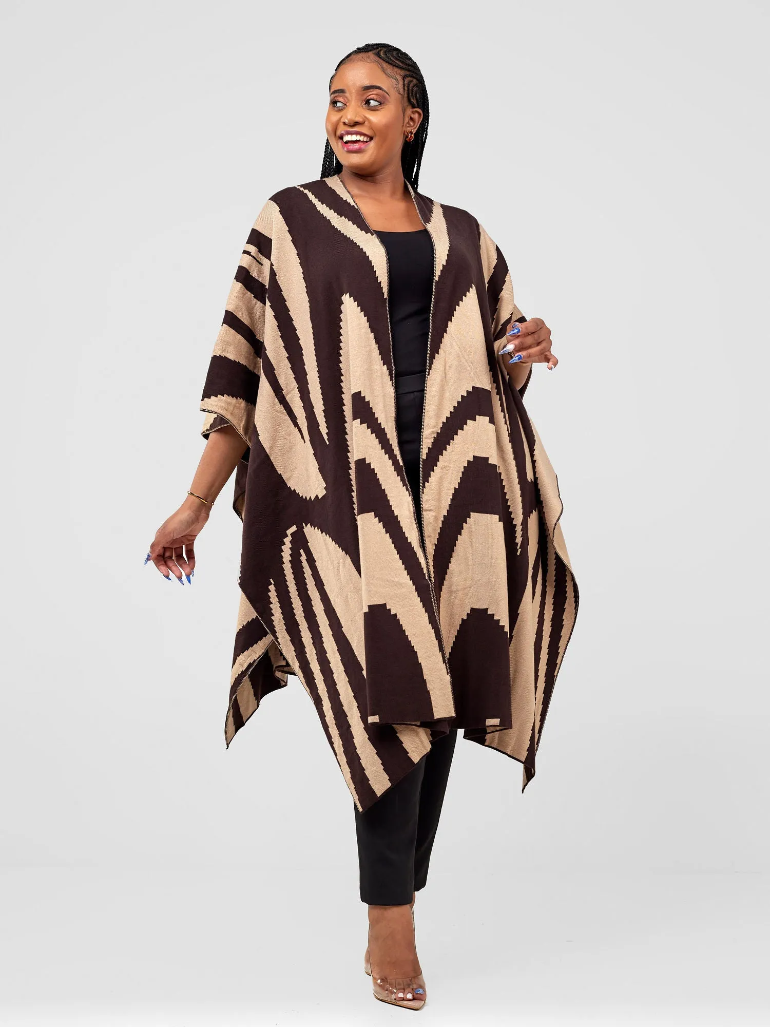 Vivo Reversible Printed Poncho - Dark Chocolate / Taupe Jito Print