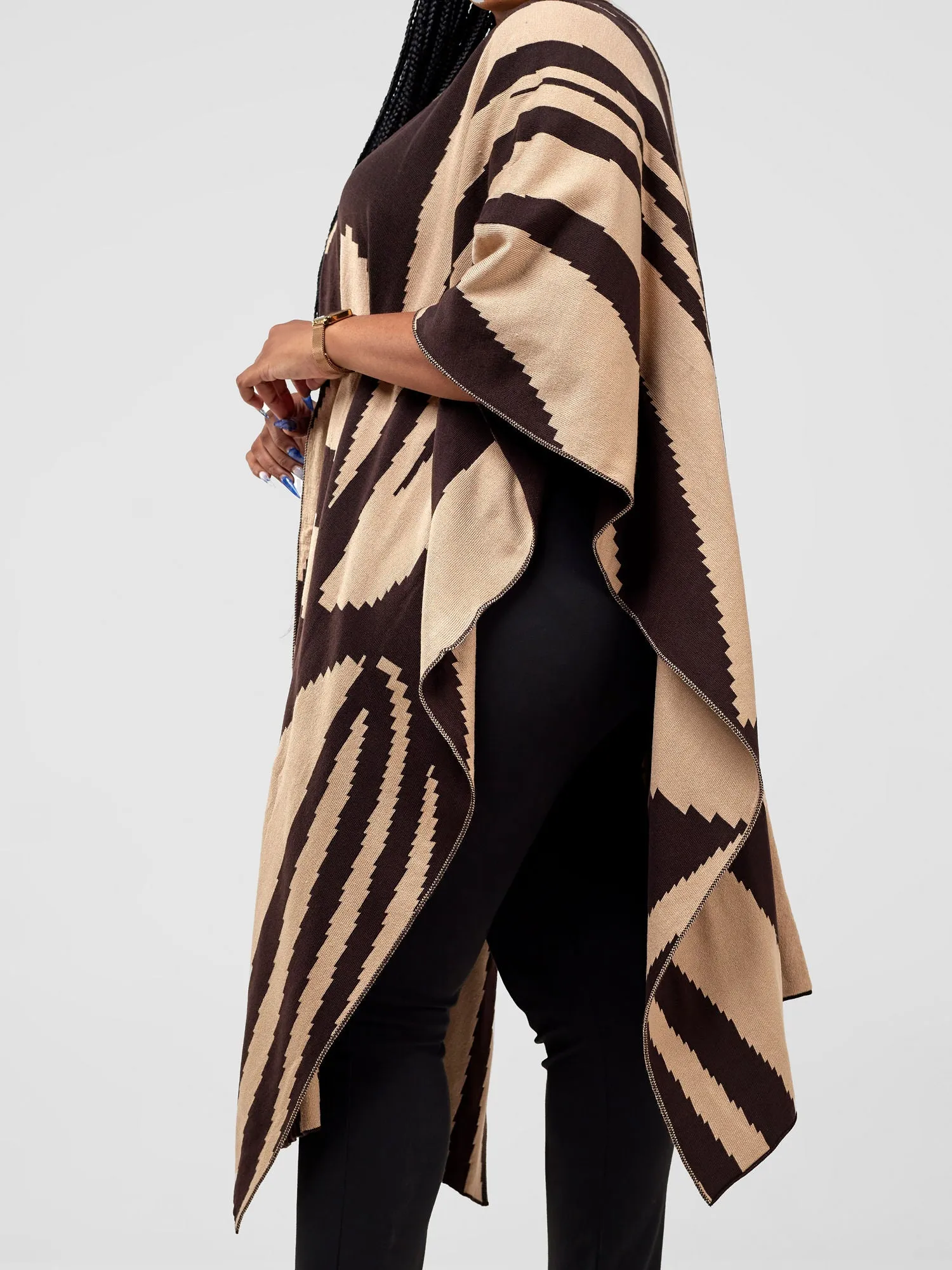 Vivo Reversible Printed Poncho - Dark Chocolate / Taupe Jito Print