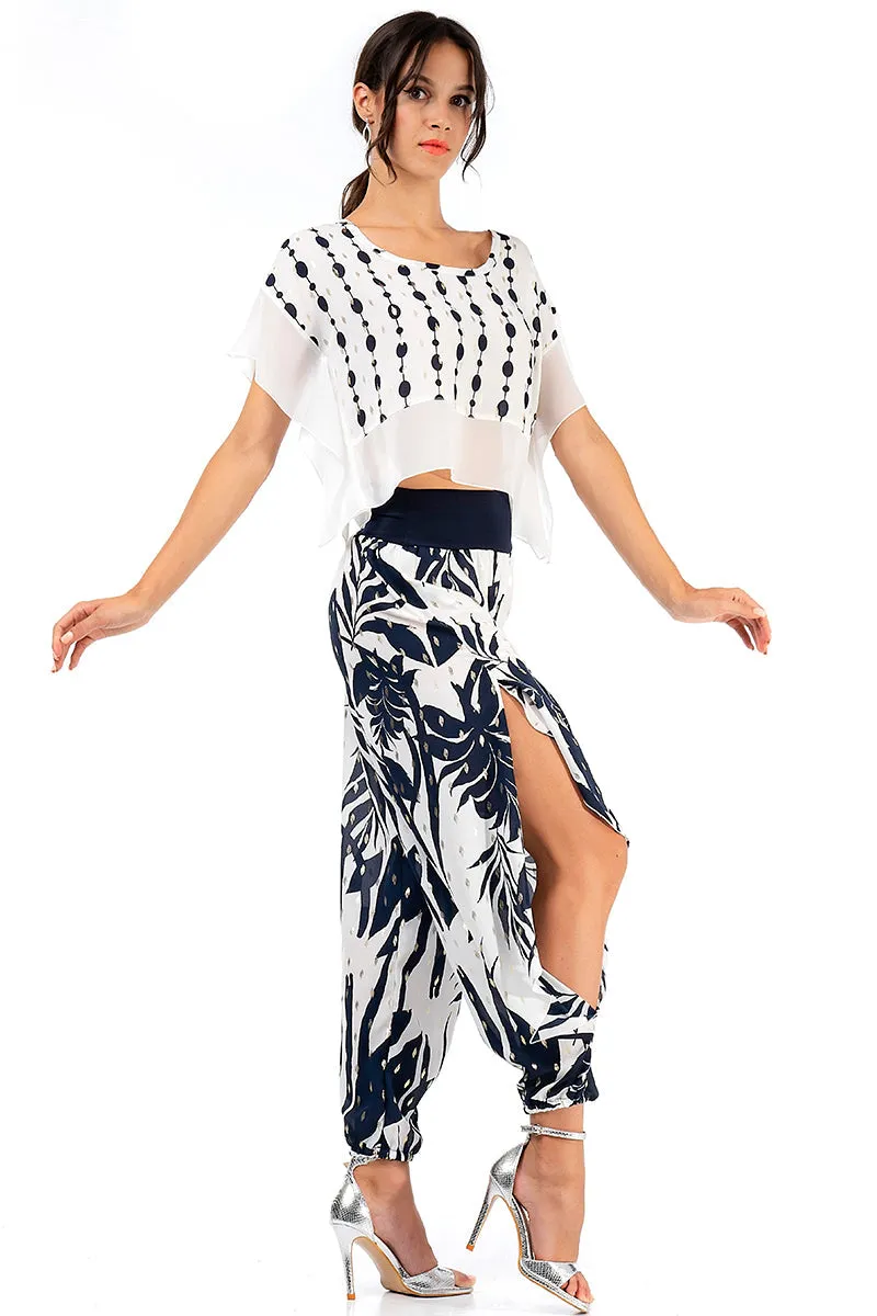 White Boxy Co-ord Crop Top With Dark Blue & Silver Print