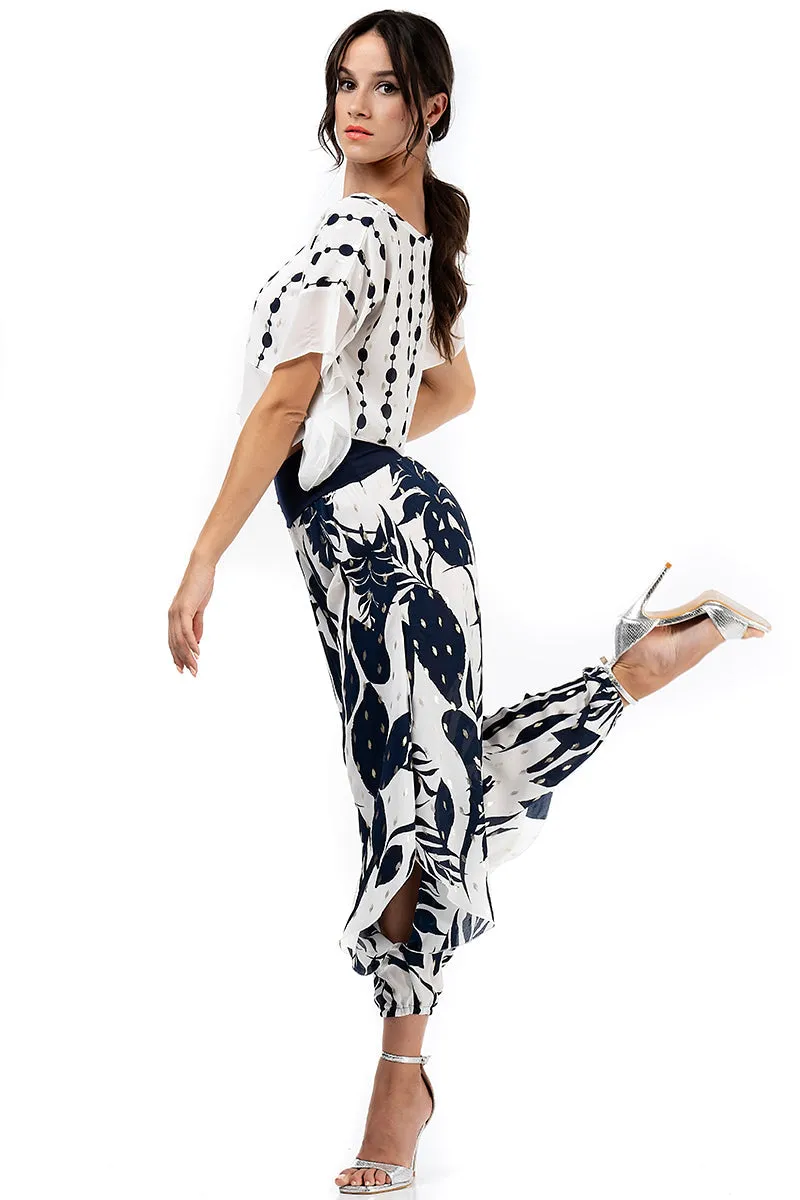 White Boxy Co-ord Crop Top With Dark Blue & Silver Print