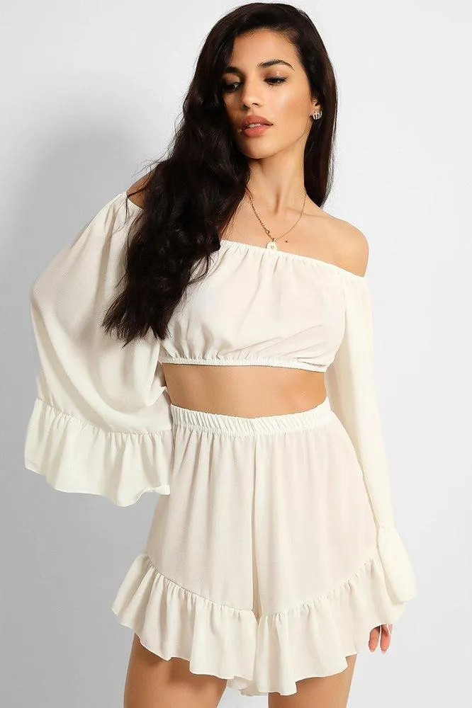 White Frill Trim Off Shoulder Crop Top Shorts Set