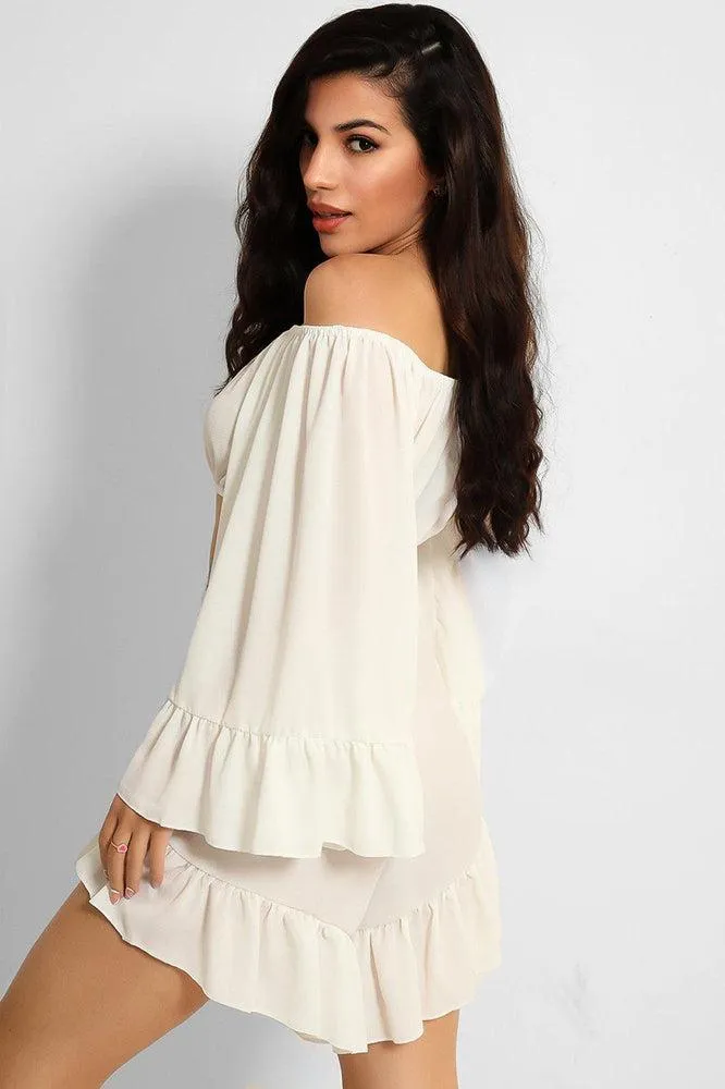 White Frill Trim Off Shoulder Crop Top Shorts Set